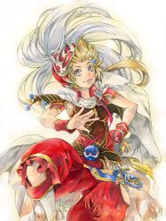  1boy blonde_hair blue_eyes cape commentary_request dissidia_final_fantasy final_fantasy final_fantasy_iii hair_ornament hand_on_hip helmet issun_boushi_(ilmtkimoti) leg_up long_hair looking_at_viewer onion_knight outstretched_hand pants plume ponytail red_pants red_shirt sheath sheathed shirt shoulder_armor simple_background sleeveless sleeveless_shirt solo tongue tongue_out traditional_media watercolor_pencil_(medium) white_background wrist_cuffs 