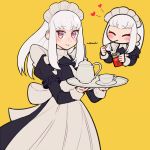  1girl artist_name closed_eyes closed_mouth cup do_m_kaeru eating fire_emblem fire_emblem:_three_houses food holding holding_plate long_hair long_sleeves lysithea_von_ordelia maid maid_headdress multiple_views pink_eyes plate pocky simple_background smile teacup teapot white_hair yellow_background 