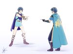  00s 10s 2020s 2boys 90s :d armor black_footwear black_gloves black_pants blue_background blue_cape blue_eyes blue_hair blue_tunic boots brown_footwear cape commentary disney dual_persona fingerless_gloves fire_emblem fire_emblem:_ankoku_ryuu_to_hikari_no_tsurugi fire_emblem:_new_mystery_of_the_emblem fire_emblem:_shadow_dragon_and_the_blade_of_light fire_emblem:_shin_monshou_no_nazo fire_emblem_1 fire_emblem_12 from_behind gloves gradient gradient_background greaves grin intelligent_systems looking_at_another marth_(fire_emblem) marvel multiple_boys nintendo open_mouth pants parody pauldrons pointing pointing_spider-man profile short_sleeves signature sleeveless smile spider-man_(series) super_smash_bros. thighs tiara tunic vambraces visyaoran white_background yellow_belt 