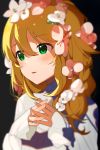 1girl bangs black_background blonde_hair blush commentary_request eyebrows_visible_through_hair flower flowre green_eyes hair_between_eyes hair_flower hair_ornament hands_together highres hoshii_miki idolmaster idolmaster_million_live! idolmaster_million_live!_theater_days long_hair naijow open_mouth pink_flower simple_background smile solo 
