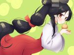  1girl alternate_costume black_hair brown_eyes dutch_angle food from_side green_background hair_ornament hair_tie high_ponytail holding holding_food kantai_collection long_hair long_skirt long_sleeves multi-tied_hair nisshin_(kantai_collection) red_ribbon red_skirt ribbon shirt short_eyebrows skirt solo suou_sakura very_long_hair white_shirt 