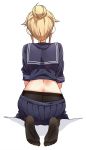  1girl ass back black_legwear black_sailor_collar black_serafuku black_shirt black_skirt blonde_hair commentary_request facing_away feet from_behind full_body hair_bun highres idolmaster idolmaster_million_live! idolmaster_million_live!_theater_days liu_chi_tiantang_fr pantyhose pleated_skirt sailor_collar school_uniform seiza serafuku shirt short_hair sidelocks simple_background sitting skirt skirt_pull soles solo tenkuubashi_tomoka white_background 