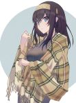  1girl absurdres black_hair blue_eyes blush commentary_request grey_sweater hair_between_eyes hairband highres idolmaster idolmaster_cinderella_girls long_hair looking_at_viewer parted_lips plaid plaid_shawl ribbed_sweater sagisawa_fumika shawl solo sweater two-tone_background upper_body yomizu 