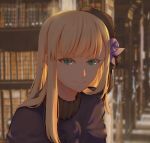  1girl bangs black_headwear blonde_hair blue_eyes blurry blurry_background commentary_request eyebrows_visible_through_hair fate_(series) flower hat highres long_hair looking_at_viewer lord_el-melloi_ii_case_files lotte_hakui purple_flower reines_el-melloi_archisorte smile solo 