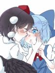  2girls :o bangs black_hair black_wings blue_bow blue_dress blue_eyes blue_hair blush bow bowtie cirno clenched_hand collared_shirt dress eringi_(rmrafrn) eye_contact eyebrows_visible_through_hair feathered_wings hair_between_eyes hair_bow hand_on_another&#039;s_face hand_up hat ice ice_wings looking_at_another multiple_girls open_mouth parted_lips pinafore_dress pom_pom_(clothes) puffy_short_sleeves puffy_sleeves red_bow red_eyes red_neckwear shameimaru_aya shirt short_hair short_sleeves simple_background tears tokin_hat touhou upper_body white_background white_shirt wings yuri 