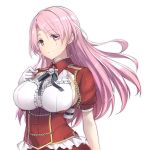  1girl breasts closed_mouth corset eyebrows_visible_through_hair eyes_visible_through_hair frills gloves hand_on_own_chest highres kantai_collection large_breasts long_hair looking_at_viewer luigi_di_savoia_duca_degli_abruzzi_(kantai_collection) pink_eyes pink_hair sakana shirt short_sleeves shrug_(clothing) sideboob smile solo upper_body white_gloves white_shirt 