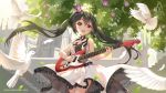  1girl 2019 :d aliter artist_name bangs bird birthday black_choker black_hair blush castle character_name choker cowboy_shot crown day dove dress electric_guitar feathers frilled_dress frills guitar highres instrument k-on! long_hair looking_at_viewer music nakano_azusa open_mouth outdoors playing_instrument ribbon ribbon_choker sidelocks sleeveless sleeveless_dress smile solo striped striped_neckwear striped_ribbon tree twintails very_long_hair white_dress yellow_eyes 