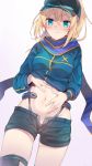  1girl ahoge artoria_pendragon_(all) bangs baseball_cap black_headwear black_legwear blonde_hair blue_eyes blue_jacket blue_scarf blue_shorts blush breasts closed_mouth commentary_request eyebrows_visible_through_hair fate/grand_order fate_(series) hair_between_eyes hair_through_headwear hat high_ponytail highres jacket long_hair long_sleeves looking_at_viewer medium_breasts mysterious_heroine_x navel open_clothes open_fly open_shorts ponytail scarf short_shorts shorts simple_background solo stomach sweat thigh-highs tomozero track_jacket wavy_mouth white_background 