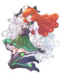  1girl black_gloves boots bow curly_hair freckles gloves glowing green_eyes hair_bow highres iesupa long_hair neon_trim orange_hair penny_polendina rwby skirt solo thigh-highs thigh_boots 