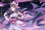  1girl blue_eyes dark_background dress flower hair_ornament jewelry kan_(rainconan) league_of_legends long_hair nami_(league_of_legends) purple_dress purple_hair splendid_staff_nami tagme 