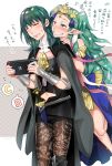 2girls blush byleth_(fire_emblem) byleth_eisner_(female) cape commentary_request fire_emblem fire_emblem:_three_houses game_console green_eyes green_hair handheld_game_console jewelry long_hair multiple_girls navel nintendo_switch pointy_ears short_sleeves shorts sothis_(fire_emblem) translation_request tsutsuji_(hello_x_2) 