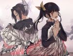  2girls absurdres bangs black_hair black_jacket blood blood_on_face blunt_bangs bug butterfly butterfly_hair_ornament closed_eyes commentary_request crying eyebrows_visible_through_hair gradient_hair hair_ornament hands_up highres holding insect jacket kimetsu_no_yaiba kochou_shinobu long_hair long_sleeves multicolored_hair multiple_girls norazura open_mouth parted_bangs profile purple_hair side_ponytail tears tsuyuri_kanao 