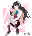  1girl artist_name black_hair blazer boots cross-laced_footwear dated grey_legwear grin hair_down hairband halterneck highres jacket kantai_collection lace-up_boots long_hair looking_at_viewer minase00 multicolored_hair naganami_(kantai_collection) pink_hair remodel_(kantai_collection) sitting smile solo thigh-highs two-tone_background two-tone_hair wavy_hair white_background white_hairband 
