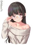  1girl adjusting_eyewear alternate_costume bare_shoulders brown_hair choukai_(kantai_collection) closed_mouth collarbone cropped_torso ebifurya highres kantai_collection long_hair long_sleeves looking_at_viewer off-shoulder_sweater off_shoulder red_eyes smile solo striped sweater upper_body vertical_stripes white_sweater 