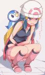  1girl backpack bag bare_shoulders beanie between_legs black_legwear black_shirt blank_eyes blue_eyes blue_hair blush boots breasts closed_mouth commentary_request embarrassed full_body gen_4_pokemon grey_background hair_ornament hairclip hand_between_legs hat have_to_pee hikari_(pokemon) knee_boots kneehighs long_hair miniskirt muroi_(fujisan0410) open_mouth pink_footwear pink_skirt piplup poke_ball_symbol poke_ball_theme pokemon pokemon_(creature) pokemon_(game) pokemon_dppt red_scarf scarf shiny shiny_skin shirt simple_background skirt sleeveless sleeveless_shirt small_breasts solo_focus squatting sweat talking tears teeth tied_hair translated trembling watch white_headwear 