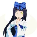  1girl ;) black_hair blue_bow blue_dress bow cato_(monocatienus) commentary_request dress finger_to_mouth food food_in_mouth frilled_shirt_collar frills hair_bow hand_on_hip juliet_sleeves long_hair long_sleeves one_eye_closed parted_lips pocky pocky_day puffy_sleeves simple_background smile solo star_sapphire touhou upper_body white_background white_sleeves wide_sleeves yellow_eyes 