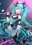  1girl ;d absurdres arm_strap asymmetrical_gloves asymmetrical_legwear bangs black_legwear blue_eyes blue_hair elbow_gloves floating_hair gloves hair_between_eyes hatsune_miku high-waist_skirt highres holding holding_microphone huge_filesize legs_up long_hair looking_at_viewer magical_mirai_(vocaloid) microphone microphone_stand miniskirt one_eye_closed open_mouth rufe_0v0 shiny shiny_hair skirt smile solo thigh-highs very_long_hair vocaloid white_gloves white_legwear white_skirt zettai_ryouiki 