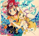  2girls absurdres aqua_shorts bangs beanie black_eyes blank_eyes blonde_hair blue_sky blush blush_stickers brown_hair closed_mouth clouds collarbone coral cosmog day dress eyebrows_visible_through_hair flat_chest floral_print gen_7_pokemon green_eyes hand_up happy hat heart highres holding_hands legendary_pokemon lillie_(pokemon) long_hair looking_at_viewer mizuki_(pokemon) multiple_girls nago_celica notice_lines open_mouth outdoors poke_ball_symbol poke_ball_theme pokemon pokemon_(creature) pokemon_(game) pokemon_sm red_headwear rowlet shirt short_hair short_sleeves shorts sky sleeveless sleeveless_dress smile standing star sun_hat sweat teeth traditional_media water white_dress white_headwear yellow_eyes yellow_shirt 