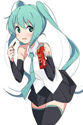  1girl :d aqua_eyes aqua_hair aqua_nails aqua_neckwear bangs black_legwear black_skirt black_sleeves blush collared_shirt commentary_request cowboy_shot detached_sleeves eyebrows_visible_through_hair food hatsune_miku highres holding holding_food long_hair looking_at_viewer miniskirt nail_polish necktie open_mouth pocky pocky_day shirt simple_background skirt smile solo thigh-highs tshangen131 twintails very_long_hair vocaloid white_background white_shirt wing_collar zettai_ryouiki 