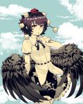  1girl black_hair black_skirt blue_background clouds commentary_request cowboy_shot eyebrows_visible_through_hair feathered_wings finger_to_mouth frills hand_up hat highres looking_at_viewer natsushiro neck_ribbon pointy_ears pom_pom_(clothes) print_skirt red_eyes red_headwear ribbon shameimaru_aya shirt short_hair short_sleeves skirt sky solo spot_color tengu tokin_hat touhou white_shirt wings 