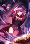  1girl absurdres belt beret book fate/grand_order fate_(series) grimoire hat helena_blavatsky_(fate/grand_order) highres kagerou_(gigayasoma) long_coat one_eye_closed purple_hair salute thigh-highs violet_eyes 