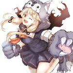  1girl animal_hood bangs black_skirt blonde_hair breasts dog_hood eyebrows_visible_through_hair gloves hair_flaps hair_ornament hair_ribbon hairclip halloween halloween_costume hood kantai_collection long_hair one_eye_closed open_mouth paw_gloves paw_shoes paws pleated_skirt red_eyes red_neckwear remodel_(kantai_collection) ribbon sailor_collar school_uniform serafuku shoes short_sleeves simple_background skirt solo white_background ymmt yuudachi_(kantai_collection) 