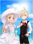  1boy 1girl absurdres belt black_vest blonde_hair blue_sky bow bowtie brother_and_sister closed_mouth clouds day dress eyes_visible_through_hair g_y_k gladio_(pokemon) green_eyes hair_over_one_eye hat highres lillie_(pokemon) long_hair long_sleeves open_mouth pokemon pokemon_(anime) pokemon_sm_(anime) short_hair short_sleeves siblings sky sun_hat vest white_dress white_headwear 