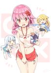  3girls :d bare_arms bare_shoulders barefoot black_shorts blonde_hair blue_scarf blue_shorts blush braid camisole character_request chibi chinese_commentary commentary_request flower hair_flower hair_ornament halter_top halterneck hatsunatsu highres holding long_hair midriff minigirl multiple_girls navel notice_lines open_mouth pink_hair red_eyes red_flower red_shorts scarf sergestid_shrimp_in_tungkang short_shorts shorts silver_hair smile sweat thigh-highs very_long_hair wavy_mouth white_camisole white_legwear xuan_ying ||_|| 