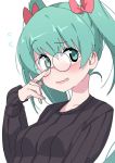  1girl adjusting_eyewear aqua_eyes aqua_hair black_sweater blush bow breasts commentary finger_to_eye glasses hair_bow hand_up hatsune_miku index_finger_raised long_hair looking_to_the_side nervous_smile open_mouth raised_eyebrow red_bow small_breasts smile solo sweatdrop sweater tshangen131 twintails upper_body vocaloid white_background 