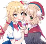  2girls :d akai_haato bangs beret blonde_hair blue_eyes blue_skirt blunt_bangs blush braid breasts character_request collared_shirt commentary_request dress_shirt eyebrows_visible_through_hair fingernails green_eyes grey_jacket hair_ornament hair_ribbon hand_up hands_together hat heart heart_hair_ornament highres hololive jacket light_brown_hair long_hair looking_at_viewer medium_breasts multiple_girls neck_ribbon one_side_up open_mouth pleated_skirt red_headwear red_ribbon red_sailor_collar ribbon sailor_collar shirt short_sleeves simple_background skirt smile striped tetris tsukana_(saba_mizore) vertical-striped_jacket vertical_stripes very_long_hair virtual_youtuber white_background white_shirt 