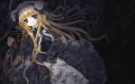  blonde_hair blue_eyes choker corset dress gothic_lolita highres lolita_fashion long_hair lying wallpaper 