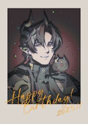  1boy :d absurdres arknights bingyu460 border brown_hair chinese_commentary chongyue_(arknights) commentary_request confetti dated dragon_bubble_(arknights) earrings grey_hair grin hair_between_eyes hair_intakes happy_birthday highres jewelry long_hair looking_at_viewer male_focus multicolored_hair pointy_ears portrait red_eyes shadow smile solo streaked_hair white_border 