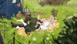  2girls animal_ears antlers arknights black_pants black_skirt blonde_hair blurry blurry_foreground brown_hair commentary day deer_tail grass hand_in_another&#039;s_hair highres horns horse_ears kotcate lantern long_hair lying_on_person multiple_girls nearl_(arknights) on_ground open_mouth outdoors pants shirt skirt smile socks tail tent viviana_(arknights) white_shirt white_socks yuri 