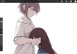  23_degree01 2girls art_program_in_frame bang_dream! bang_dream!_it&#039;s_mygo!!!!! blue_shirt brown_hair commentary_request grey_hair highres long_hair multiple_girls pajamas procreate_(medium) shiina_taki shirt short_hair simple_background takamatsu_tomori white_background white_shirt yuri 