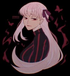  1girl alternate_hair_length alternate_hairstyle black_background closed_mouth dark_sakura fate/stay_night fate_(series) hair_ribbon heaven&#039;s_feel lips long_hair looking_at_viewer matou_sakura pink_lips red_eyes red_ribbon ribbon simple_background solo symoca twitter_username very_long_hair white_hair 