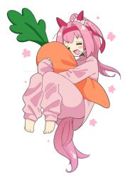  1girl absurdres animal_ears beffkawa blush bow carrot carrot-shaped_pillow closed_eyes ear_bow ear_covers hairband haru_urara_(umamusume) headband highres holding holding_stuffed_toy horse_ears horse_girl horse_tail hugging_object long_hair looking_at_viewer open_mouth pajamas pants pink_hair pink_headband pink_pajamas pink_pants pink_shirt ponytail red_headband saliva shirt simple_background smile solo stuffed_carrot stuffed_toy tail umamusume 
