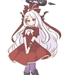  alternate_costume alternate_hairstyle arm_ribbon bow cosplay demon_horns dress front_ponytail hina_(blue_archive) horns kagiyama_hina kagiyama_hina_(cosplay) looking_at_viewer mizusoba red_bow red_dress red_ribbon ribbon smile touhou violet_eyes white_background white_hair 