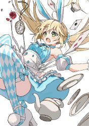 1girl animal_ear_hairband animal_ears argyle_clothes argyle_thighhighs artoria_caster_(fate) artoria_caster_(swimsuit_berserker)_(second_ascension)_(fate) artoria_pendragon_(fate) blonde_hair blue_dress blue_thighhighs bow bow_legwear card checkered_thighhighs cup detached_sleeves dress dress_bow fake_animal_ears fang fate/grand_order fate_(series) green_eyes hairband highres open_mouth plate playing_card pocket_watch pom_pom_(clothes) puffy_detached_sleeves puffy_short_sleeves puffy_sleeves rabbit_ears saucer shoes short_sleeves solo striped_clothes striped_thighhighs syst098 teacup teapot thigh-highs twintails two-tone_thighhighs vertical-striped_clothes vertical-striped_thighhighs watch white_background white_shoes 