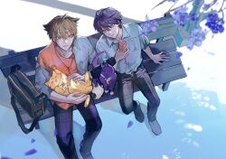  2boys animal animalization bag black_bag blue_shirt breast_pocket brown_eyes brown_hair brown_pants cat collared_shirt drinking_straw earrings fox from_above fushimi_gaku green_eyes hair_between_eyes highres holding holding_animal holding_carton jewelry kenmochi_touya male_focus mole mole_under_eye multiple_boys necklace nijisanji on_bench orange_shirt pants parted_lips person_and_animalization pocket purple_hair shadow shirt short_hair shoulder_bag single_earring sitting tsuta1218 virtual_youtuber 