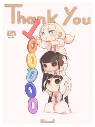  3girls :&lt; barefoot black_eyes black_hair blonde_hair blue_eyes blush brown_background brown_pants closed_mouth commentary_request dress highres kozato_(yu_kozato) little_blonde_girl_(kozato) long_sleeves milestone_celebration multiple_girls original pants ponytail shirt short_eyebrows siblings simple_background sisters stacking thank_you thick_eyebrows twins v-shaped_eyebrows white_dress white_shirt 