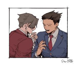  2boys ace_attorney blue_jacket brown_hair closed_eyes collared_shirt erm_nkcn highres jacket laughing male_focus miles_edgeworth multiple_boys necktie open_mouth phoenix_wright red_jacket red_necktie shirt short_hair simple_background upper_body white_background 