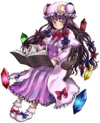  1girl blue_bow blush book bow breasts capelet chair commentary_request crescent crescent_hat_ornament crystal dress floating floating_book floating_object footwear_bow hair_bow hat hat_ornament highres long_dress long_hair long_sleeves magic_circle medium_breasts mob_cap on_chair open_book patchouli_knowledge philosopher&#039;s_stone purple_capelet purple_dress purple_hair purple_hat purple_shoes red_bow shoes sidelocks sideways_glance simple_background sitting solo striped_clothes striped_dress suzurino touhou violet_eyes white_background 
