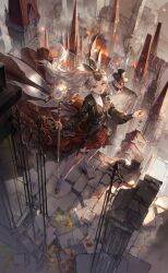  1girl animal artist_request asymmetrical_skirt autumn belt belt_buckle bird black_belt black_jacket black_mask black_shoes black_thighhighs black_vest blazer buckle buttons castle cecilia_(shining_nikki) clothed_animal collared_shirt collared_socks day dress_shirt embers eyelashes fire fishnet_thighhighs fishnets floating_clothes floating_hair frilled_skirt frills full_body game_cg gear_print gears happy high_collar high_heels highres holding holding_petal holding_staff jacket layered_legwear lipstick long_hair long_skirt long_sleeves looking_at_viewer makeup mask mask_on_head mechanical_wings molten_gold_(shining_nikki) nikki_(series) official_art on_rooftop open_clothes open_jacket open_mouth outdoors outstretched_hand owl petals pillar ponytail puffy_long_sleeves puffy_sleeves rabbit_mask red_lips red_skirt ribbed_thighhighs shining_nikki shirt shoes sidelocks skirt sleeve_belt smile smoke socks solo staff standing steampunk striped_clothes striped_vest thigh-highs town vertical-striped_clothes vertical-striped_vest very_long_hair vest wavy_hair white_bird white_hair white_shirt white_socks white_wings wings yellow_eyes 