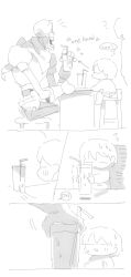  1boy 1other 2023 2d alternate_language ambiguous_gender armor cape child comic cup digital_media drink drinking_glass drinking_straw english_text frisk_(undertale) gloves height_difference highres holding holding_cup human humanoid male monster monster_boy papyrus_(undertale) sequential shirt short_hair shorts simple_background sitting size_difference skeleton sparkle speech_bubble struggling taku_(taku_10288) teeth text third-party_source undead undertale utdr_(toby_fox) white_background 