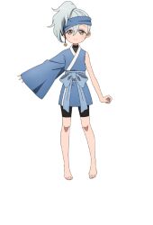  1girl anime_coloring asymmetrical_sleeves bell bike_shorts blue_headband blue_kimono blue_sash breasts closed_mouth earrings flat_chest full_body grey_eyes grey_hair hair_between_eyes headband japanese_clothes jewelry kikyou_(kunoichi_tsubaki_no_mune_no_uchi) kimono kunoichi_tsubaki_no_mune_no_uchi long_sleeves looking_at_viewer medium_hair ninja obi official_art okuda_yousuke outstretched_arm ponytail sash simple_background smile solo standing tachi-e transparent_background wide_sleeves 