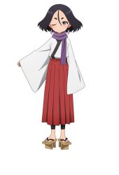 1girl anime_coloring earrings eyeliner fuki_(kunoichi_tsubaki_no_mune_no_uchi) full_body geta grey_eyes hair_between_eyes hakama hakama_skirt japanese_clothes jewelry kimono kunoichi_tsubaki_no_mune_no_uchi long_skirt long_sleeves looking_at_viewer makeup ninja official_art okuda_yousuke outstretched_arm parted_bangs pleated_skirt purple_scarf red_eyeliner red_hakama scarf short_eyebrows short_hair simple_background skirt solo standing tachi-e thick_eyebrows transparent_background white_kimono wide_sleeves 