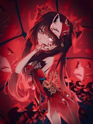  1girl bare_shoulders bell black_sash bow breasts brown_hair closed_mouth criss-cross_halter detached_sleeves dress floral_print fox_mask from_side hair_bow hair_ornament halterneck hand_on_own_cheek hand_on_own_face highres honkai:_star_rail honkai_(series) japanese_clothes kimono long_hair looking_at_viewer mark_under_both_eyes mask mask_on_head mole mole_under_eye multicolored_hair nail_polish red_bow red_dress red_eyes red_kimono red_nails red_sleeves sash short_kimono solo sparkle_(doll)_(honkai:_star_rail) sparkle_(honkai:_star_rail) standing sui_ojin television twintails two-tone_hair very_long_hair 