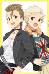  2girls belt black_choker black_jacket blonde_hair blush border bracelet brown_hair choker ear_piercing earrings eyelashes fur_collar green_eyes hair_slicked_back idolmaster idolmaster_cinderella_girls jacket jewelry kimura_natsuki locked_arms long_sleeves looking_at_another miniskirt multiple_girls necklace open_clothes open_jacket open_mouth piercing pixie_cut pleated_skirt quiff red_eyes senzaki_ema short_hair simple_background skirt smile sukoyaka_(100hituzi) third-party_source very_short_hair white_background yellow_border 