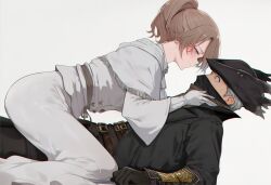  1boy 1girl ai-generated artist_request assertive_female bad_source blonde_hair bloodborne blue_eyes blush coat dress girl_on_top gloves hat hunter_(bloodborne) iosefka simple_background trench_coat white_background white_dress white_gloves white_hair 