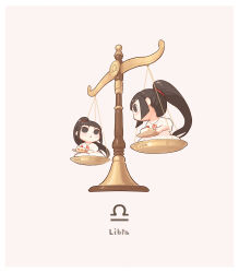  2girls :&lt; balance_scale black_eyes black_hair brown_background cake cake_slice chibi closed_mouth dress food highres holding holding_plate kozato_(yu_kozato) libra_(symbol) libra_(zodiac) long_sleeves multiple_girls neck_ribbon original plate ponytail red_ribbon ribbon siblings simple_background sisters twins v-shaped_eyebrows weighing_scale white_dress zodiac 